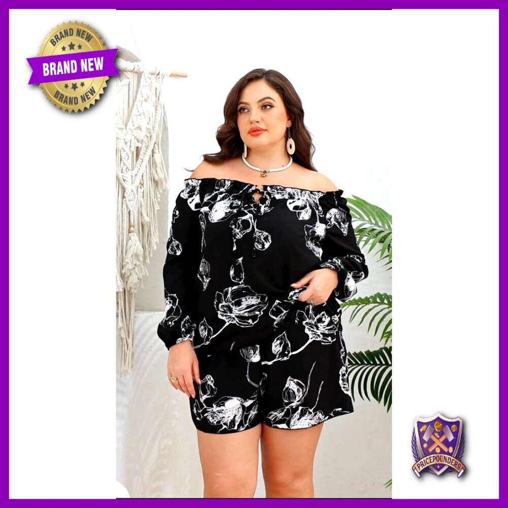 Plus Size 2-Piece Off Shoulder Top & Shorts Set Boho Floral Frill Trim - Picture 5 of 5
